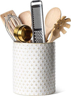 LE TAUCI Utensil Holder for Kitchen Counter - 7.1" Large Ceramic Kitchen Utensil Holder, Embossed Cooking Utensil Crock for Spatula, Spoon - Farmhouse Kitchen Decor & Organizer, White, Clover