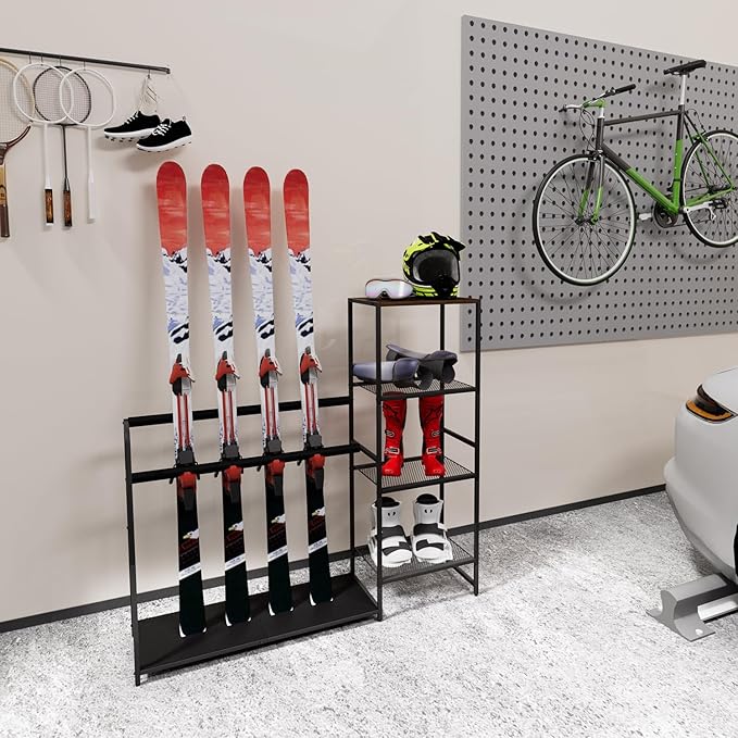 Freestanding Snowboard Rack - Stores 4 Pair Ski, 3 Pack Snowboard, Boot, Pole, Goggles, Helmet Rack for Garage, Shed, Basement