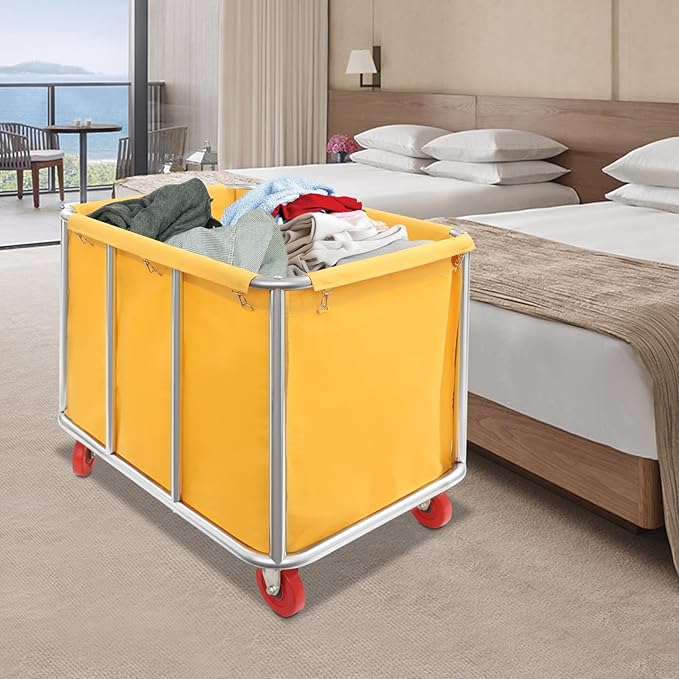 Commercial Laundry Cart with Wheels, 260LBS Laundry Cart Stainless Steel Rolling Laundry Hamper, Laundry Sorter Rolling Cart with Removable Oxford Cloth Bag for Hotel, Home, Hospital (Yellow)