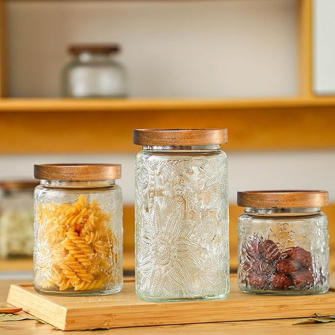 32oz Vintage Glass Jars With Lids, Airtight Food Storage Containers, Kitchen Canisters For Sugar, Coffee, Tea, Spice, Flour, Candy Cookie, Pasta, Cereal, Cute Decorative Jars