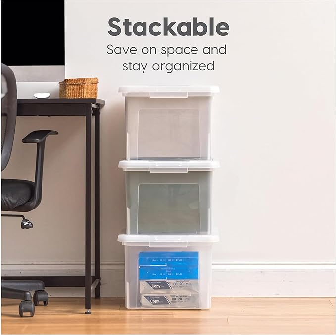 IRIS USA 8 Pack Plastic File Box with Lid for Letter/Legal Files, 35 Quart Stackable Clear Organizer Bin, Built-in File Ledge, Durable & Portable