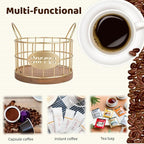 Coffee Pods Holder for Countertop, K Cup Holder Organizer, Sturdy Kcup Storage Basket with Wooden Base , Pod Container For Kitchen Bar Counter Office Desktop (Gold)