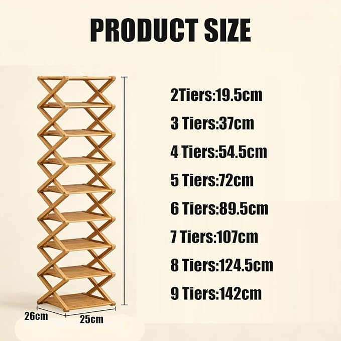9 Tier Bamboo Shoe Rack, Foldable Shoe Rack, Shoe Rack, Ertical Shoe Organizer for Small Spaces, No Assembly Narrow Shoe Shelf for Entryway Closet Dorm (Brown, 3 Layers)