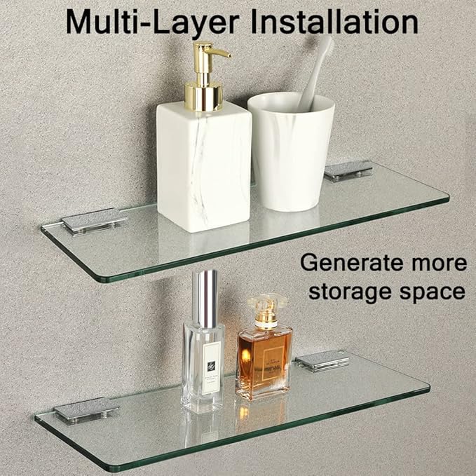 SAYAYO Floating Glass Shelves for Bathroom, Tempered Glass Shelf for Wall 15 x 5 Inch 1 Pcs, Clear