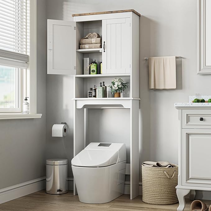 Garvee 66''H Over the Toilet Storage Cabinet, Bathroom Shelf Over Toilet, Bathroom Storage Cabinet Organizer with Double Doors & Adjustable Shelves Free Standing Toilet Shelf for Bathrooms, White
