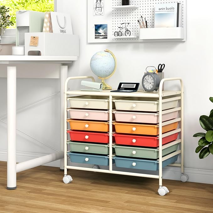 GOFLAME 12-Drawer Rolling Storage Cart, Multifunctional Art Craft Organizer Cart, Mobile Utility Storage Cart with Removable Drawers & Lockable Wheels, Craft Cart for Home Office School, Macaron Color
