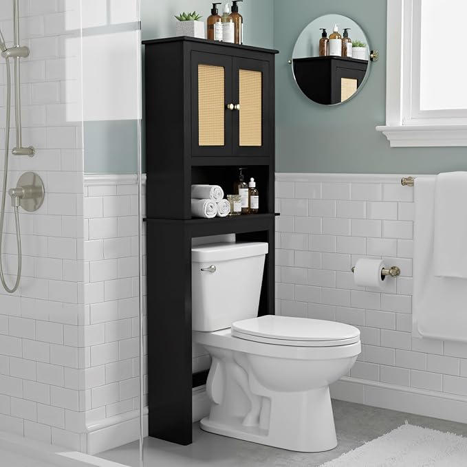 Over The Toilet Storage Cabinet, Behind Toilet Bathroom Organizer with Adjustable Shelves, Wooden Above Toilet Storage Shelf, Space Saver for Restroom, Bathroom, Laundry