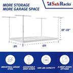 SafeRacks Overhead Garage Storage Rack - Heavy Duty Racks for Garage with 400 lb Capacity, Easy Garage Shelving, Adjustable Storage Rack, Ceiling Mount Storage Shelves 3x6 White (18"-33")