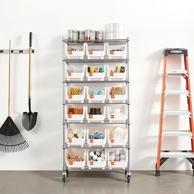 VEVOR 7-Tier Rolling Bin Storage Rack, 18 Organizer Bins, Bin Rack Storage Steel Wire Shelving System with Wheels, Mobile Tool Organizer for Garage, Warehouse, Office, Restaurant, Classroom, Kitchen