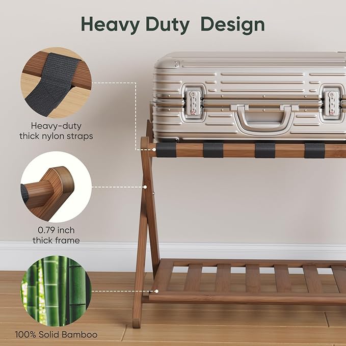Set of 2 Fully Assembled 26.77" Dark Walnut Luggage Racks with Foldable Shoe Shelf, 5 Heavy-Duty Straps Bamboo Suitcase Stand, Luagge Holders for Guest Room Bedroom, Hotel