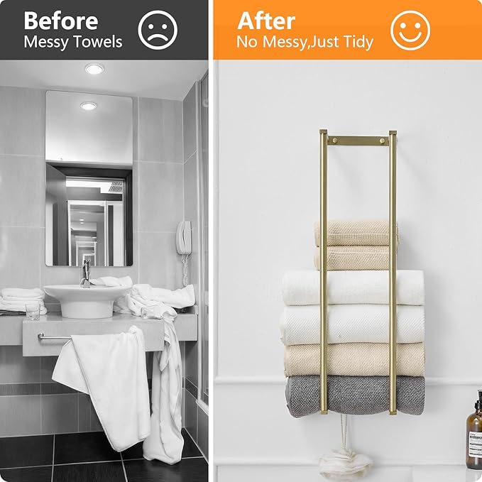 BWE Brushed Gold Towel Racks for Bathroom, 28" Stainless Steel Bathroom Towel Holder for Rolled Towels, Wall Mounted Towel Storage for Bathroom with 2 Hooks, 6 Large Bath Towels Capacity