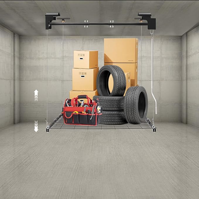 Overhead Garage Storage Rack 4x4 Feet 250LBS Capacity Hand Crank Adjustable Height Up to 96 Inches Ceiling Mount Organizer for Garage Warehouse