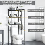 Over The Toilet Storage with Wooden Shelves and Side Rack, 7-Tier Black Over Toilet Bathroom Organizer Freestanding Storage Shelf for Toilet Paper, Towels, Toiletries, 31.5" Wide