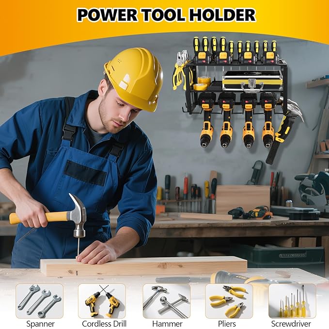 Wall Mount Power Tool Organizer, 3 Layers Floating Tool Rack with 4 Cordless Drill Holders, Storage Rack for Workshop/Garage, 150Lbs Load Capacity, Heavy Duty Iron, Matte Black