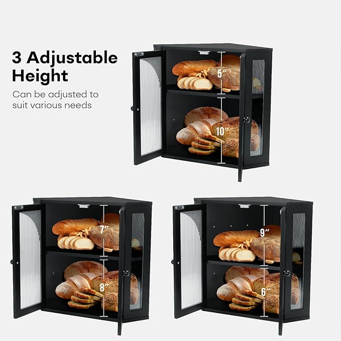 Corner Bread Box for Kitchen Countertop, Double Layer Bamboo Bread Storage Container for Homemade Bread, Large Capacity Bread Holder with 3 Adjustable Height for Counter, Breadbox Organizer