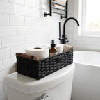 Back of Toilet Basket with Wood Handles, Black Wicker Toilet Paper Basket for Toilet Tank Top, Narrow Toilet Tank Basket, Bathroom Basket Organizer for Wipes & Essentials