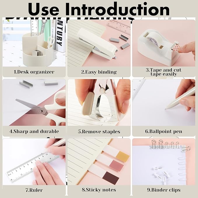 Marspark Beige Office Desk Accessories 12 Pcs Office Supplies Set 360° Rotating Pen Holder, Stapler, Tape Dispenser, Scissor, Sticky Notes, Binder Clips, Desk Organizers Gift for School