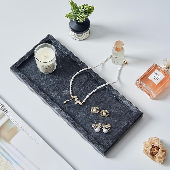 Natural Small Marble Vanity Tray, Luxury Stone Organizer for Bathroom & Kitchen | Holds Soap Dispenser, Jewelry, Perfume | Non-Resin, Non-Ceramic Décor (Black, M (11.8" x 5.1" x 0.78"))