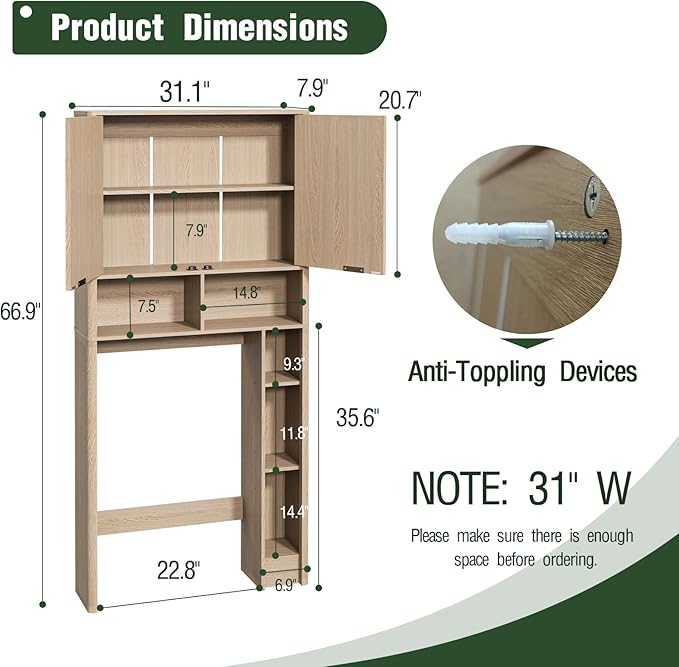 31''W Over The Toilet Storage Cabinet with Fluted Door, Oak Bathroom Organizer with Adjustable Shelf, 67''H Tall Natural Toilet Paper Holder Stand Wave Door for Restroom, Laundry Room