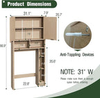 31''W Over The Toilet Storage Cabinet with Fluted Door, Oak Bathroom Organizer with Adjustable Shelf, 67''H Tall Natural Toilet Paper Holder Stand Wave Door for Restroom, Laundry Room
