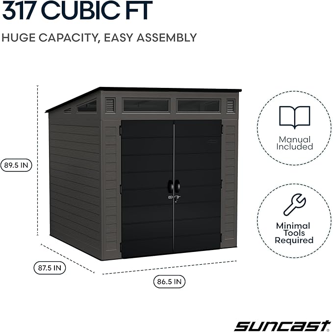 Suncast Modern Outdoor Storage Shed, 200 cu. ft. Peppercorn Resin Shed for Lawn Mower, Bikes, Utility Tools, Patio, & Yard. Weatherproof & Lockable Modern Sheds & Outdoor Storage, Made in USA