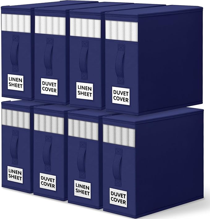 WOWBOX Sheet Organizers and Storage,Closet Bed Sheet Organizer Under Bed Storage and Organization with Label Cards & Clear Window for Bedding Sheets,Duvet Covers,Blankets (8 Pack，Blue)