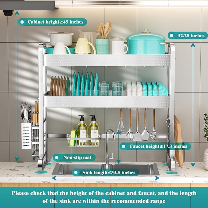 HOWDIA 3-Tier Over The Sink Dish Drying Rack, 304 Stainless Steel Dish Rack with Honeycomb Design, Cutlery Holder & Chopping Board Rack, 33.86” x 11.81” x 33.07” for Maximum Kitchen Storage