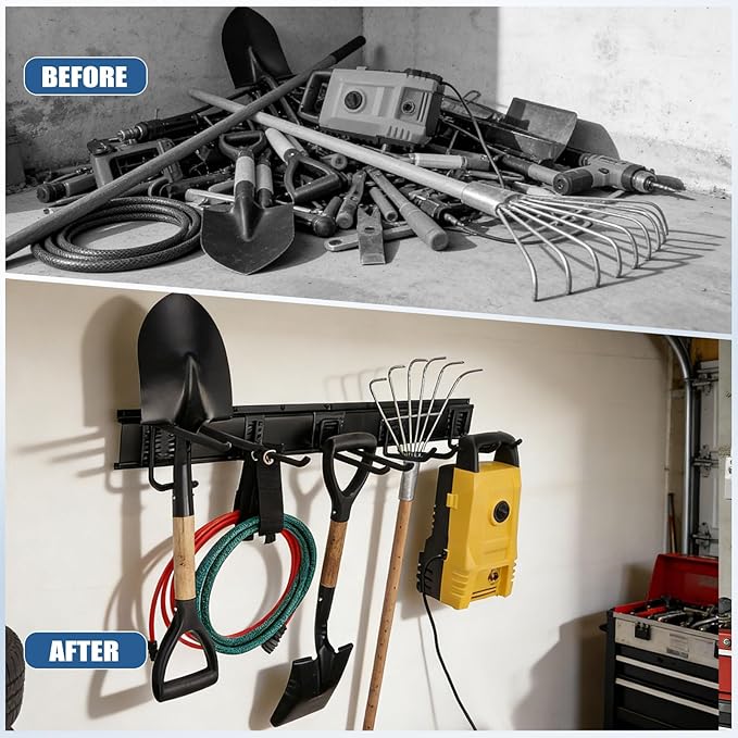 14Pack Garage Tool Organizer Wall Mount, 49.5'' Rails with 11 Adjustable Hooks, Heavy Duty Garage Storage & Organization Kit, Space-Saving Garage Wall Hook Rack for Shed Garden Yard Tool, Up to 520lbs
