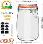 Encheng 32 oz Wide Mouth Mason Jars with Airtight Hinged Lids, Large Glass Jar with Lid for Pickling, Fermentation, Canning, Food Storage – Set of 4 Glass Storage Containers