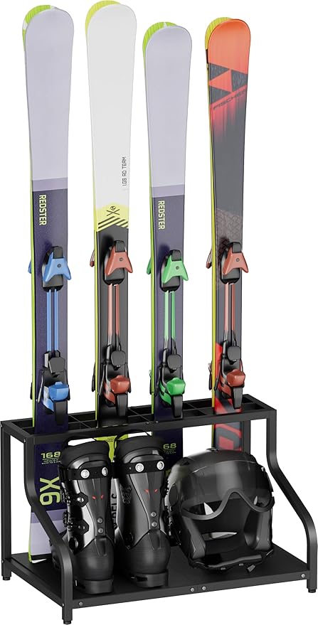 Ski Storage Rack for Garage — Freestanding Ski Holder for 4 Pair Skis, Boot, Helmet, Goggles, Indoor Snowboard Rack Organizer Stand for Home, Shed, Basement, Black