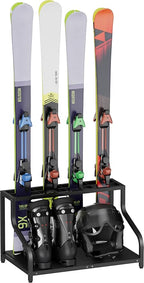 Ski Storage Rack for Garage — Freestanding Ski Holder for 4 Pair Skis, Boot, Helmet, Goggles, Indoor Snowboard Rack Organizer Stand for Home, Shed, Basement, Black