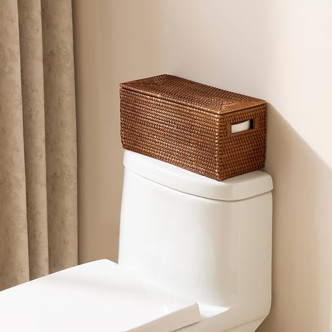 YANGQIHOME Toilet Paper Basket, Rattan Toilet Tank Basket for Bathroom, Wicker Baskets with Lid for Storage, Brown
