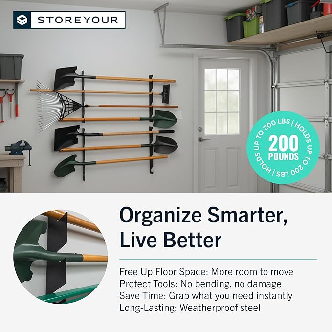 StoreYourBoard Horizontal Shed Tool Organizer - Garage Organization Wall Mount Tool Storage Rack - Heavy Duty Steel Tool Organizers and Storage for Shovels, Rakes, Brooms, Mops - Holds Up to 200 lbs