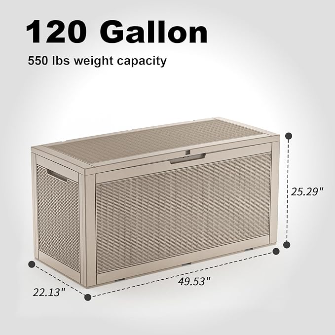 120 Gallon Outdoor Waterproof Resin Storage Deck Box Lockable Outside Bench UV Resistant Bin Patio Porch Furniture Pool Float Garden Tool Cushion Grey