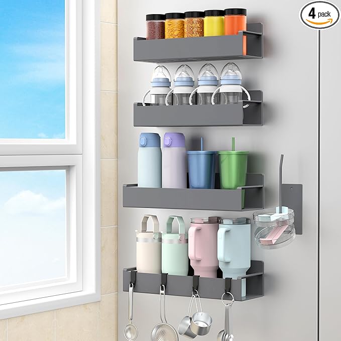 Magnetic Water Bottle Holder for Refrigerator, Cup Holder Organizer for Stanley and Tumbler for Kitchen, 4 Pack, Dark Gray