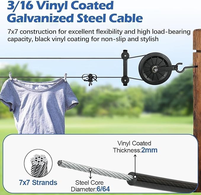 Outdoor Clothesline Kit, 150ft Black PVC Coated Galvanized Clothes Line Pulley Kit with 6.3" Clothesline Pulley, M8 Metal Hooks, 3Pcs Separator, Outdoor Clothes Line Heavy Duty