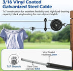 Outdoor Clothesline Kit, 150ft Black PVC Coated Galvanized Clothes Line Pulley Kit with 6.3" Clothesline Pulley, M8 Metal Hooks, 3Pcs Separator, Outdoor Clothes Line Heavy Duty
