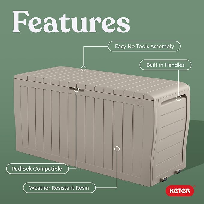 Keter Marvel Plus 71 Gallon Resin Outdoor Storage Box for Patio Furniture Cushions, Throw Pillows, Garden Tools and Pool Floats, Beige