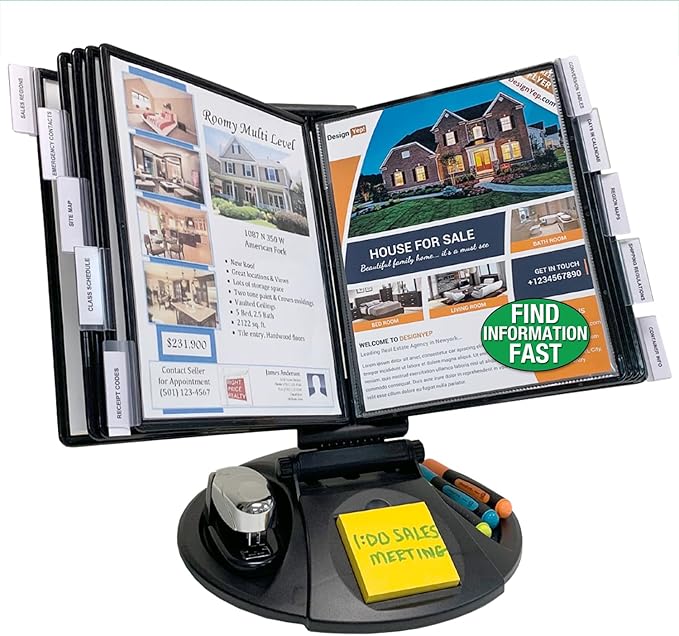 Ultimate Office AdjustaView 10-Pocket Desk Reference Organizer with Supplies Storage Base and EZ-Load Pockets to Hold 20 Sheets of Paper, Includes Fast Find Indexing Tabs, Black Pockets