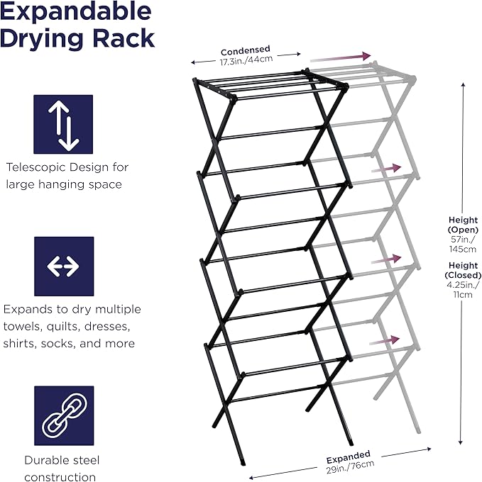 BLACK+DECKER 4-Tier Expandable Collapsible Clothes Drying Rack, Telescopic Height, Foldable Space-Saving Laundry Air Dryer for Towels, Shirts & Delicates – Durable Steel, No Tools Needed