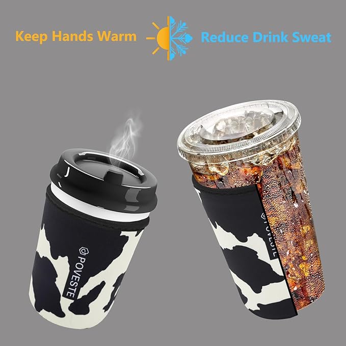 Reusable Neoprene Insulator Sleeve for Iced Coffee & Cold Soda, Coffee Sleeves for Iced & Hot Drinks, Cold Beverage Cooler Compatible with Starbucks, Dunkin (Cow Print, Large: 32oz)