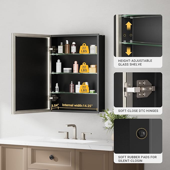 16x26 Pre-Assembled Bathroom Medicine Cabinet Mirror, Surface or Recessed Brushed Nickel Medicine Cabinet with Mirror & Rustproof Aluminum Frame, Beveled Bathroom Vanity Mirror with Storage
