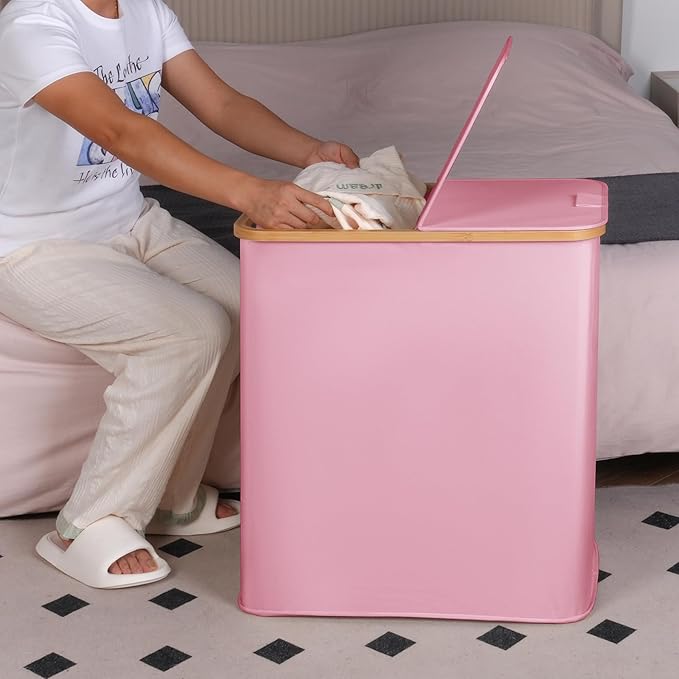 efluky Laundry Hamper with Lid, Double Laundry Hamper with 2 Removable Bags, 2 Section Laundry Basket with Bamboo Handles for Bathroom, Bedroom & Laundry Room (Pink, 140L Dual)