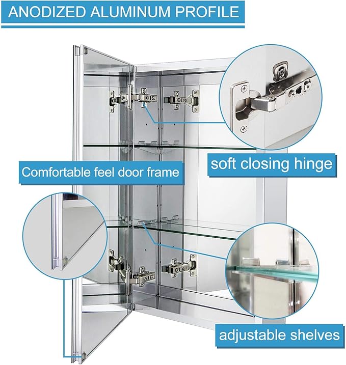 Fundin Aluminum Bathroom Medicine Cabinet with Framless Double Sided Mirror Door15 Inch x 24 Inch Recess or Surface Mount, Silver