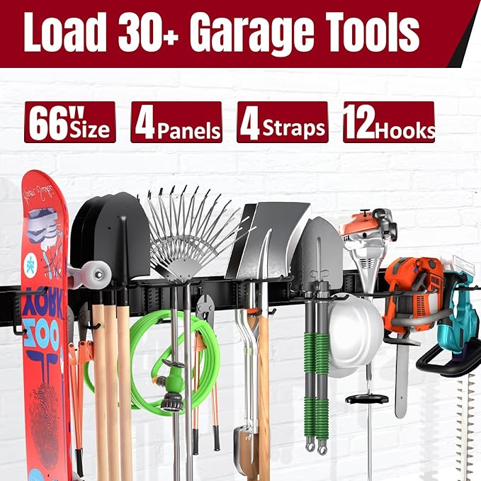 66" Garage Tool Organizer Wall Mount,20 PCS Garage Organization and Storage System Carries 720lbs, Heavy Duty Wall Rack for Garden & Shed Tools, Fits 16" Wall Studs(4 Panels)