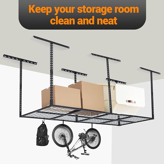 GarveeHome 3x8 ft Garage Ceiling Storage Racks, Overhead Garage Storage Rack Organization, Adjustable Ceiling Mounted Storage Racks, 600LBS Weight Capacity, Metal Garage Storage Organization Systerm