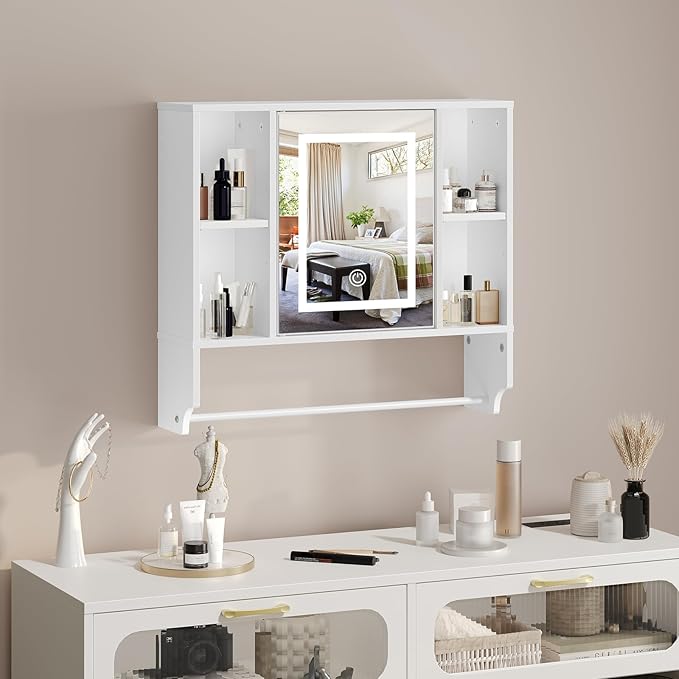 Bathroom Wall Cabinet with Mirror, Wall Mounted Medicine Cabinet with Color Adjustment LED Lights, Mirrored Over The Toilet Storage Cabinet with Adjustable Shelves, 23.6''W x 21.6''H, White
