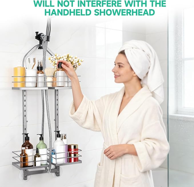 Shower Caddy Hanging for Handheld Showerheads Adjustable Height Extra Long Bathroom Storage Organizer Hanger Rack Rustproof Hose Shower Organizer 4 Levels Height Shower Rack (Sliver)