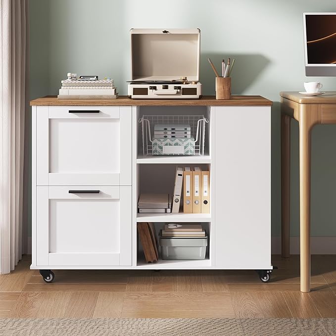 Lateral File Cabinet, Printer Stand with File Drawers and Open Shelves, 2-Drawer Mobile Lateral Filing Cabinet with Locking Casters, for Home Office Storage, Walnut and White