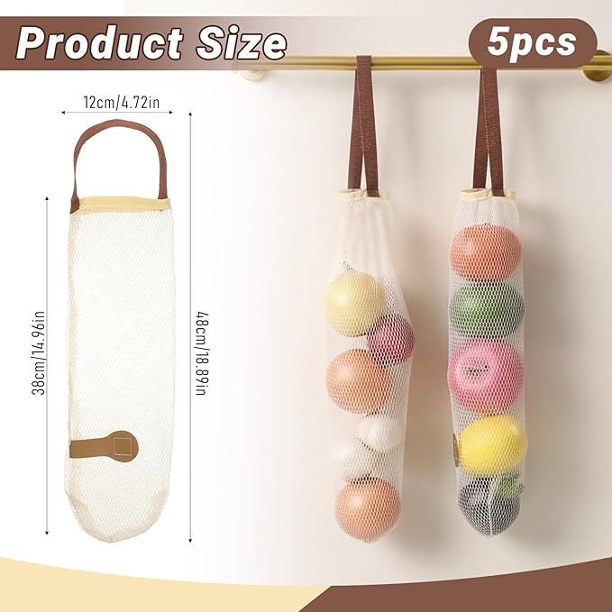 KALIONE 5 Packs Potato & Onion Bags, Hanging Mesh Storage Bags, Long and Large Reusable Net Produce Bags for Fruit Veggies, Suitable for Kitchen and Grocery